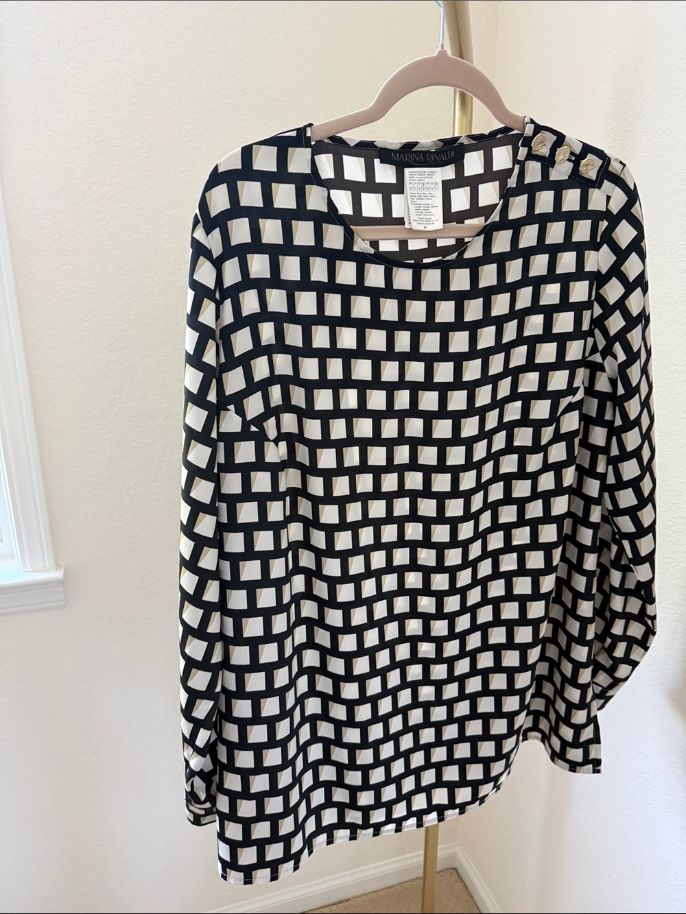 Marina Rinaldi Batteau Neck White Geometric Print Long-Sleeve Blouse